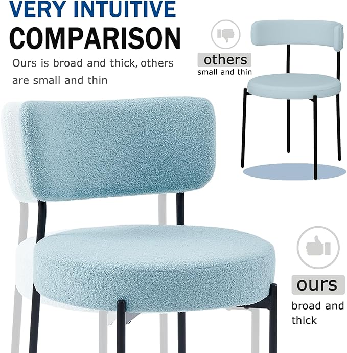 Stabrech Blue Boucle Dining Chairs Set of 4, Upholstered Dinner Chair with Metal Frame, Dining Room Chairs with Padded Seat, Round Modern Seating for Living Room