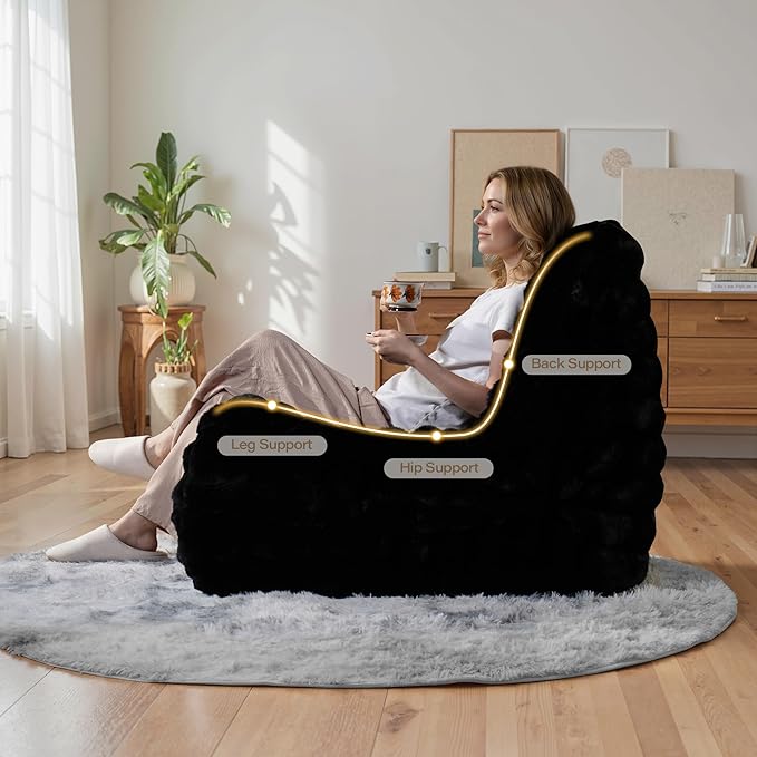 Black Bean Bag Chairs for Adults,Comfy Small Bean Bag Sofa with Back Support,Memory Foam Bean Bag Chair for Kids,Faux Fur Fireside Beanbags Lazy Sofa for Bedroom,Dorm,Apartment,Living Room