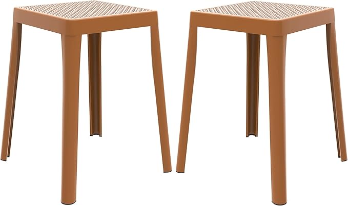 LeisureMod Tresse Mid-Century Modern Square Plastic Dining Stool Set of 2, Stackable Accent Stools with Breathable Seat, Lightweight Seating for Kitchen, Dining Room, Bedroom, or Entryway (Yellow)