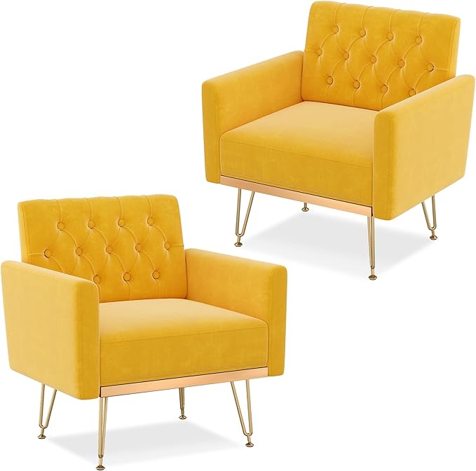 Accent Chair for Living Room, Comfy Oversized Velvet Upholstered Arm Chairs, Mid Century Modern Reading Single Sofa Side Chair with Tufted Back and Gold Legs for Bedroom (2, Mustard)