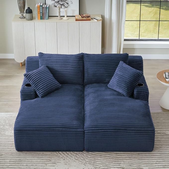 71" Oversized Double Chaise Lounge Sofa Indoor Boneless Sleeper Daybed, Fluffy Corduroy Upholstered Compressed Cloud Couch Loveseat Sofabed, Floor Chair w/Cupholders, Side Pockets for Living Room