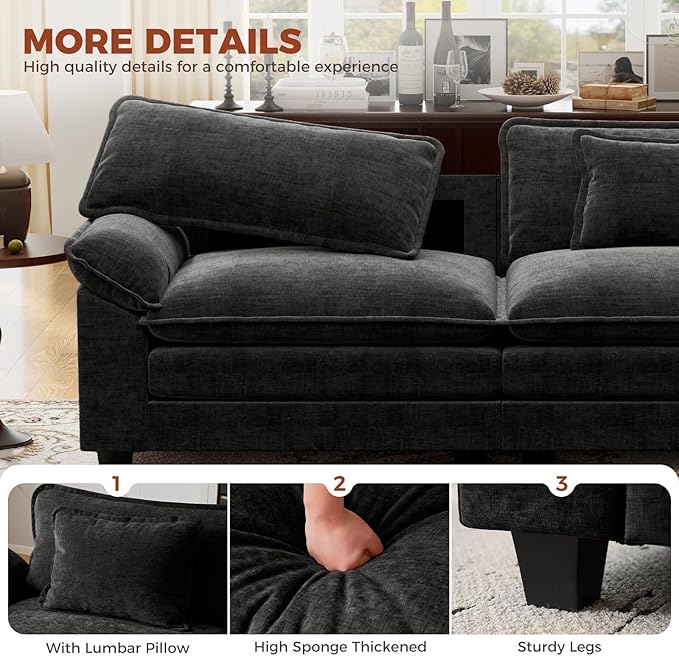 CDCASA 86" Modular Sectional Sofa, Comfy Cloud Couch with 2 Movable Ottoman, 4-Seater Chenille Deep Seat Sofa Bed Modern Sofa Couch for Living Room, DIY Combination, Black