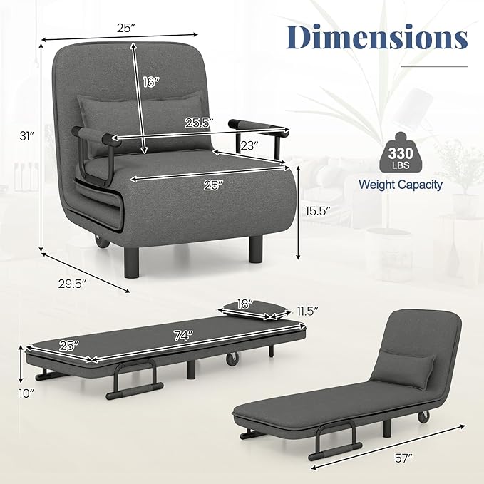 Giantex Convertible Sofa Bed, 3-in-1 Folding Sleeper Chair with 5-Position Adjustable Backrest, Wheels, 2 Legs, Recliner Chaise Lounge with Pillow, Armchairs for Nursery Living Room Office (Gray)