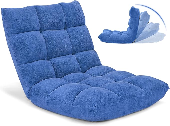 Floor Chair with Back Support, Foldling Gaming Sofa Chair with Comfy Cushion, Adjustable 14-Position Meditation Chairs, Lazy Lounge Recliner Reading Seat for Adults, Kids (Blue)