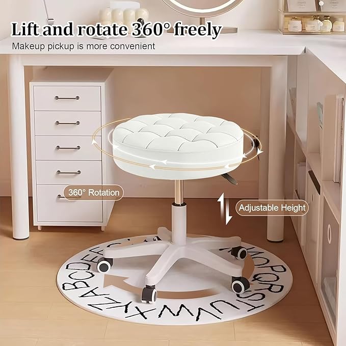 JPBSTO Small Rolling Stool with Wheels, PU Leather Height Adjustable Vanity Work Task Stool, 360 Swivel, Padded Seat Cushion, for Salon, Home, Office