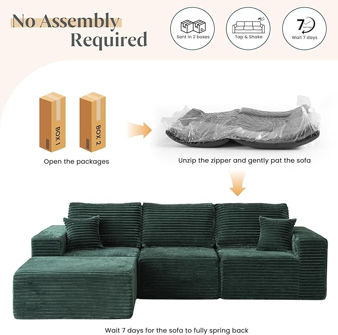 MODNEST 108" Modular Sectional Sofa Cloud Couch with Deep Seats, L Shape Couch with Chaise and Movable Ottoman, Sectional Couches for Living Room, Comfy Boneless Couches No Assembly Required, Green