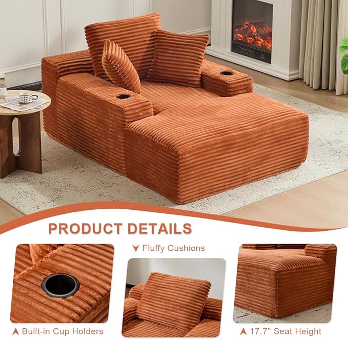 66" Oversized Chaise Lounge Sofa Chair Indoor, Modern Corduroy Single Sleeper Couch Chair with 3 Soft Pillows＆Cup Holder, Boneless Cloud Couch Single Seat Sofa Bed for Living Room Office (Brown)