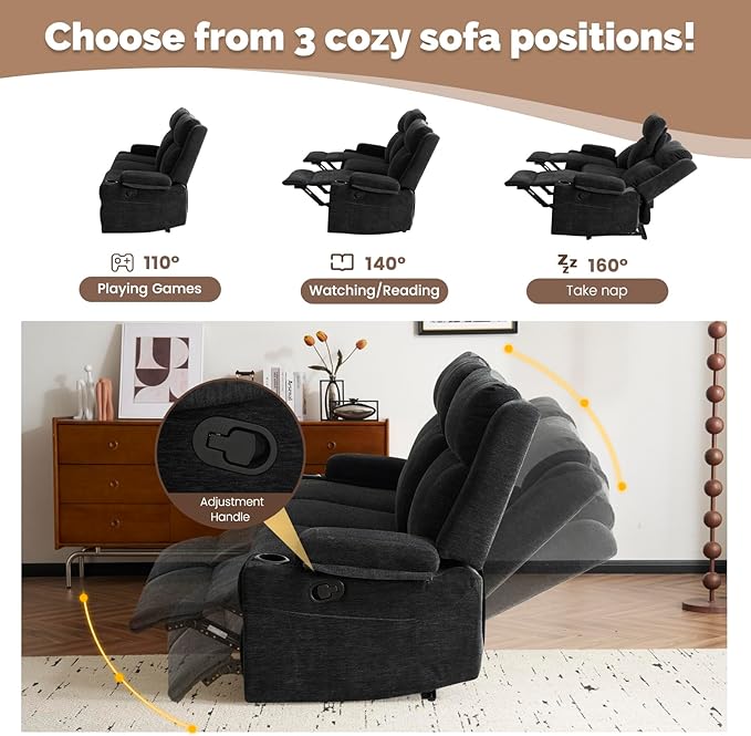 PALLOME Chenille Reclining Sofa 3-Seater with Convertible Table, Storage Ottoman & Cup Holders | Modern Space-Saving Couch, Ergonomic Living Room Furniture (Black)