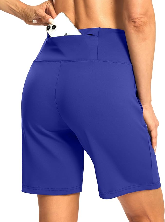 Women's Athletic Shorts with Zipper Pocket 7" High Waisted Stretchy Bermuda Shorts for Women Workout Running Casual