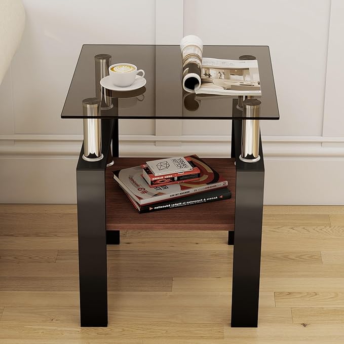 Set of 2 Modern Square Tea Tables, Tempered Glass Coffee and End Tables with MDF Layer for Living Room, Gray/Black