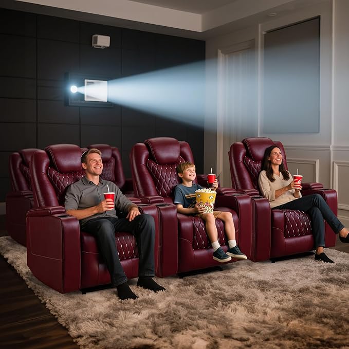ANJ Power Recliner Chair with USB Ports and Cup Holders - Overstuffed Electric Home Theater Seating PU Leather Reclining Furniture with Hidden Arm Storage, Easy to Clean (Set of 2, Red)