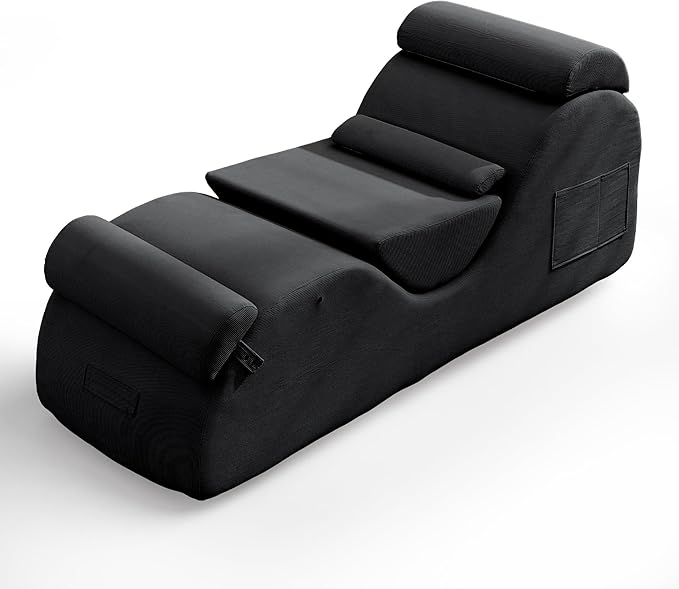 DRMBOOK Yoga Chairs for Adults, Corduroy Fabric Chaise Lounge with Headrest, Boneless Yoga Sofa Couch with Waist Cushion, Movable Footrest, Side Pockets for Relaxation Exercise Stretching (Black)