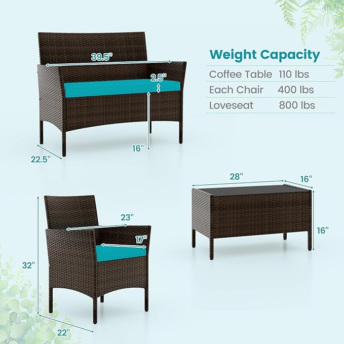 RELAX4LIFE 8-Piece Patio Furniture Set - Rattan Outdoor Conversation Bistro Set w/Cushions, Glass Coffee Table, Wicker Chairs & Loveseat for Garden Backyard Porch, Balcony Furniture Set (2, Turquoise)