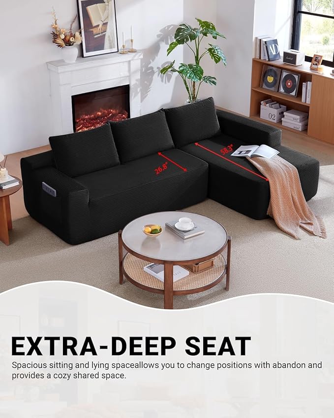 Vanress 97" Cloud Couch Sectional, Corduroy Boneless Couch with L-Shape Chaise,Modern Modular Sectional Sofa Comfy Deep Seat for Living Room, Bedroom, No Assembly (Black, Right Facing Chaise)