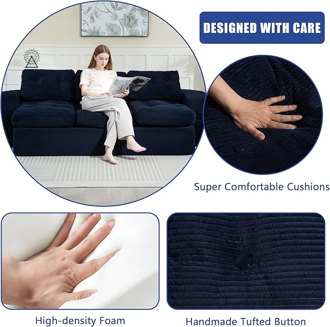 MeMoreCool Convertible Floor Sofa Couch – 3-Seater Sleeper with Tufted Cushions, Navy Corduroy Modular Foam | Cloud Couch for Living Room & Bedroom | No Assembly | Soft Ergonomic Support