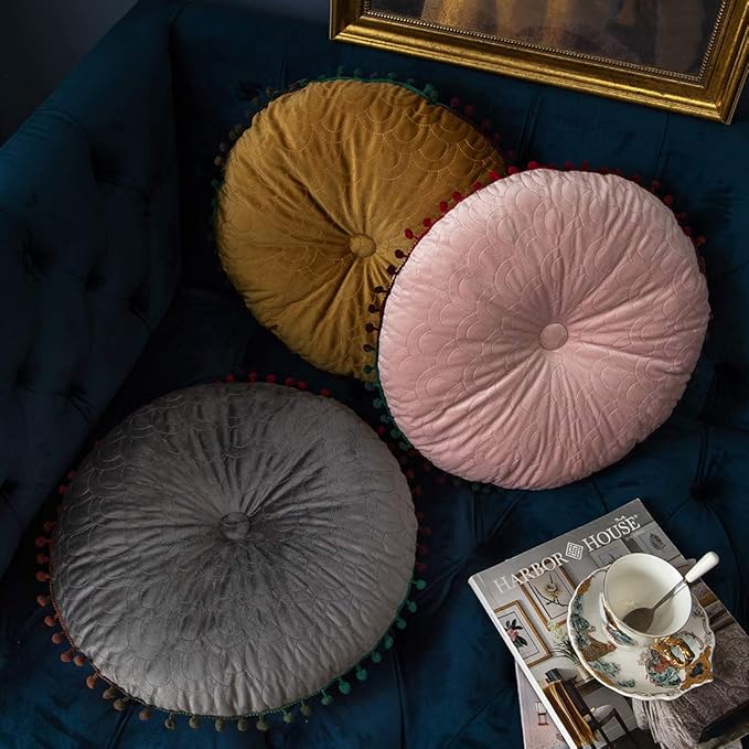 vctops Velvet Soft Round Chair Pads Cute Gradient Pom Pom Indoor Dining Chairs Cushion (Pink, Diameter 16")