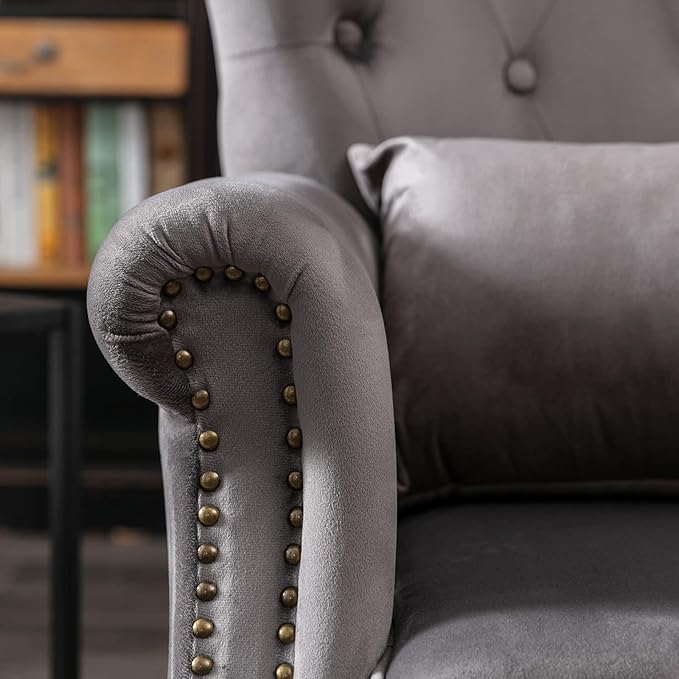 LZAREAL Accent Reading Arm Chairs for Living Room Bedroom, Midcentury Modern Comfy Corner Sofa Chair, Wingback Waiting Room Club Chair with Button Tufted Back &Lumbar Pillow, Velvet Grey
