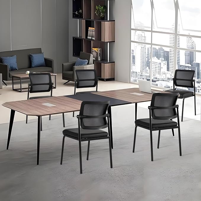 CLATINA 8PK Mesh Stacking Office Desk Chairs, Portable Stackable Bulk Waiting Room Armless Chair with Adjustable Back & Leather Seat for Guest Lobby Side School Church Conference Break, Black
