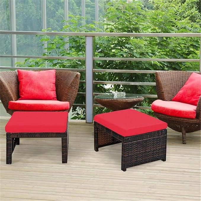 Pemberly Row Patio Rattan Ottomans/Footrests in Red Cushioned Seat (Set of 2)