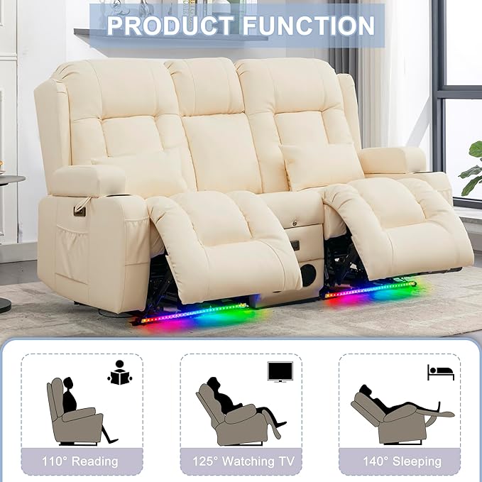 URRED Loveseat Recliner Sofa with Massage and Heat, Power Reclining Loveseat Sofa RV Couch with Console, Home Theater Seating with LED Lights, Bluetooth Speakers, USB, Outlets, Faux Leather, Ivory