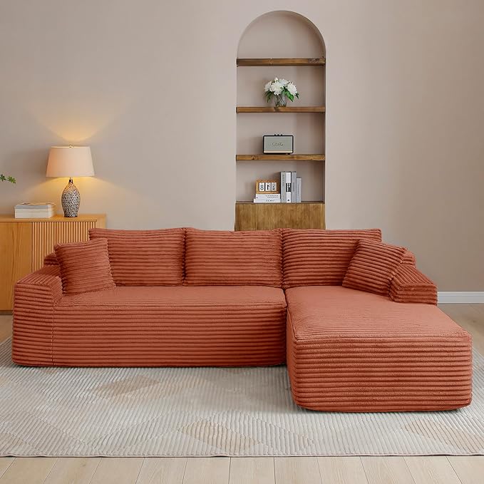 95" Boneless Cloud Sectional Couches for Living Room, Comfy Fluffy L Shaped Memory Foam Deep Seat Boneless Couch, Modular Sectional Sofa with Right Facing Chaise, Orange