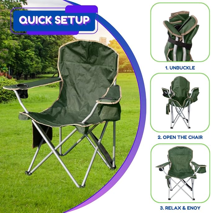 EZONE 4-Pack Camping Chairs with Built-in Ice Cooler, Portable Chair, Storage Pocket, Cup Holder, and Carry Bag Perfect for Camping, Tailgating, Fishing, Beach, and Lawn (4, Olive Green)