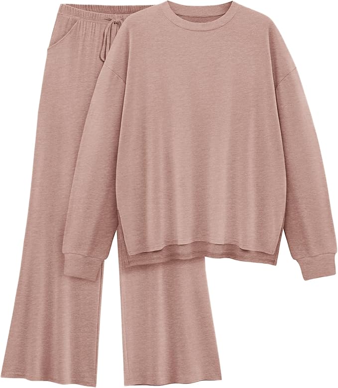 AmazingStar Womens Lounge Set 2025 Fall 2 Piece Outfits Long Sleeve Tops Wide Leg Long Pants Cozy Matching Sets Clothing