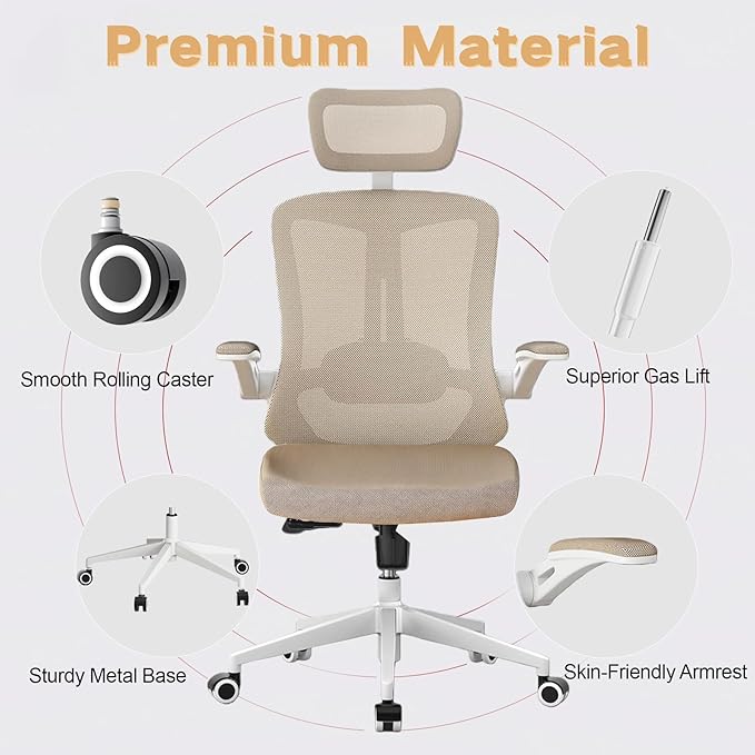 Ergonomic Office Chair - 400LB Comfy Desk Chairs with Adjustable Headrest and Lumbar Back Support, Mesh Computer Chairs with Wheels and Arms for Home Office, Study (Khaki-with Headrest)