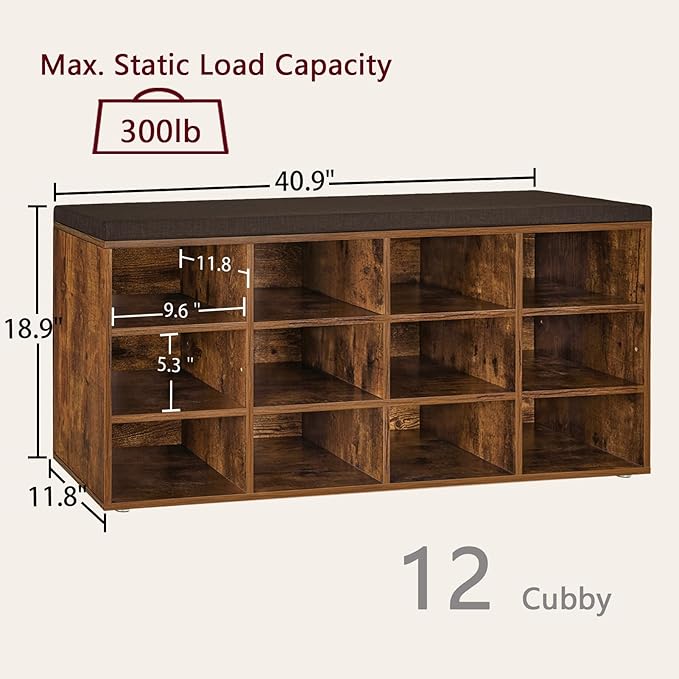 DINZI LVJ Shoe Storage Bench with Cushion, Cubby Shoe Rack with 12 Cubbies, Adjustable Shelves, Multifunctional Shoe Organizer Bench for Entryway, Mudroom, Hallway, Closet and Garage, Rustic Brown