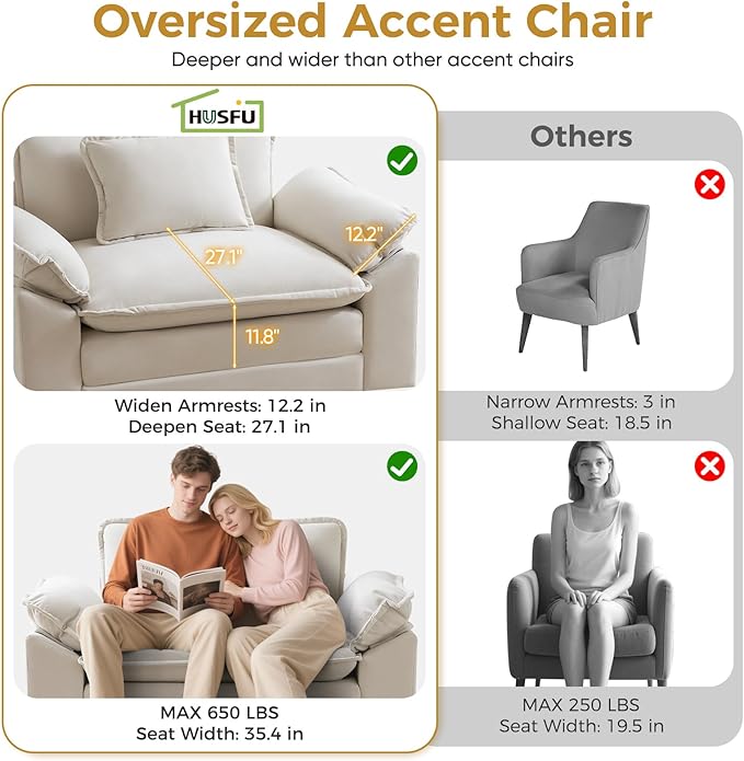 HUSFU Oversized Accent Chair with Ottoman, Cloud Couch Chair with Deep Seat and Extra Wide Armrests, Comfy Reading Armchair for Bedroom, Living Room, Beige