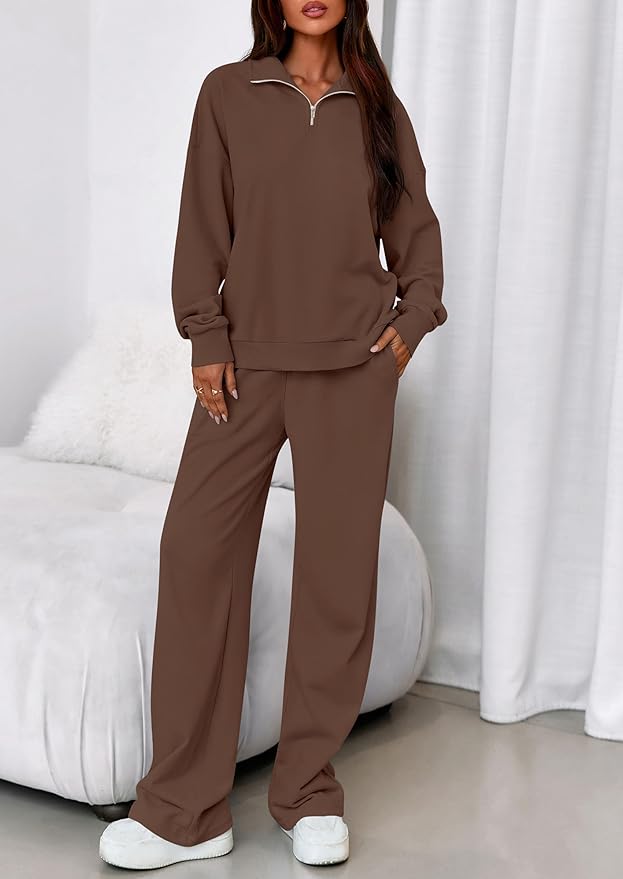 PRETTYGARDEN Womens Casual Two Piece Sets Fall 2026 Outfits Quarter Zip Sweatshirts Straight Leg Pants Sweatsuits Tracksuit