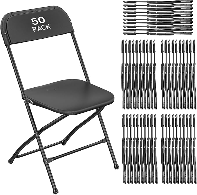 50 Pack Black Plastic Folding Chair, Indoor Outdoor Portable Stackable Commercial Seat with Steel Frame 350lb. Capacity for Events Office Wedding Party Picnic Kitchen Dining