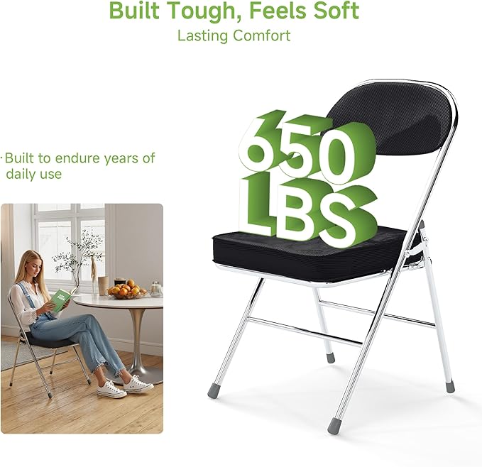 Real Relax Folding Chairs with Padded Thick Seat, Durable Corduroy Fabric, Portable Stackable Commercial Folding Office Chair with Steel Frame for Events Office Wedding Party,650LB,2 Pack,Black