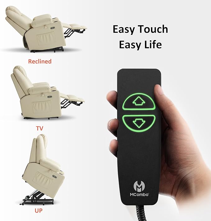 MCombo Large Power Lift Recliner Chair with Massage and Heat for Tall Elderly People, 3 Positions, Cup Holders, and USB Ports, Faux Leather 7516 (Large, Cream White)