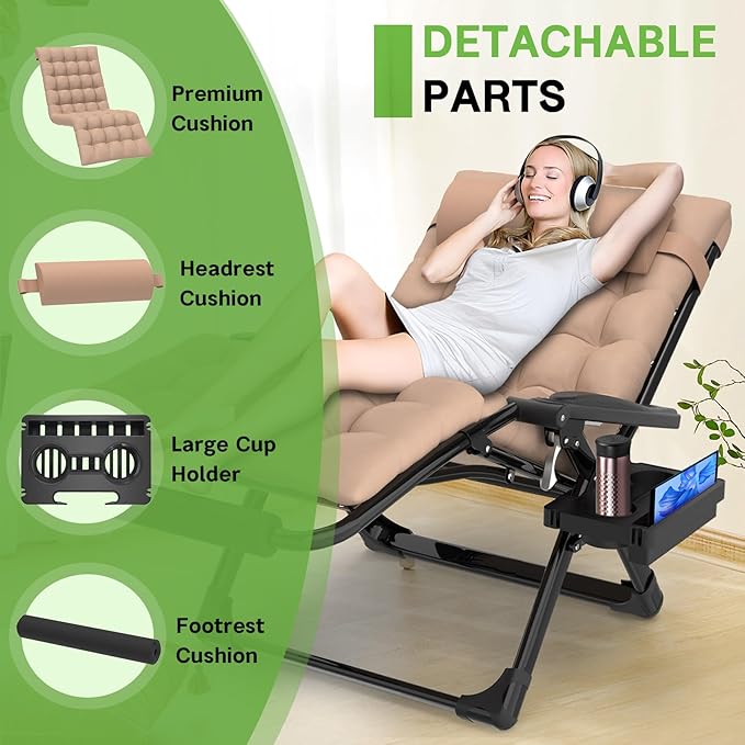 ZENPETIO Oversized Zero Gravity Chair, 33In XXL Zero Gravity Recliner Lounge Chair, Anti Gravity Chair for Indoor and Outdoor, Reclining Camping Chair for Lawn and Patio w/Cushion and Footrest, 500LBS