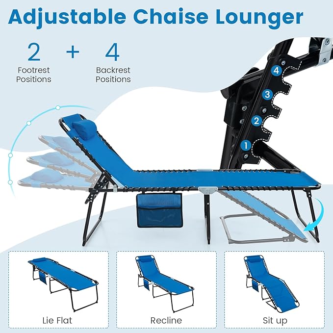 Tangkula Beach Lounge Chair for Outside, Folding Chaise Lounge Outdoor with 4-Position Backrest, Removable Headrest and Side Pocket, Portable Sunbathing Tanning Chair for Patio, Poolside (2, Navy)