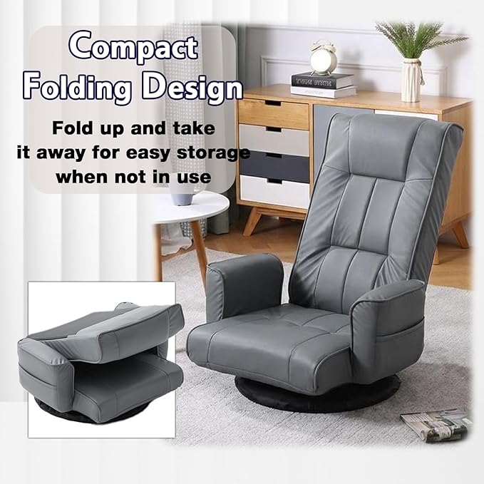 360 Degree Swivel Floor Chairs for Adults, Faux Leather Gaming Floor Chair with Back Support, 14 Angles Adjustable Comfortable Floor Lounge Chair Folding Video Game Chairs Office Bedroom
