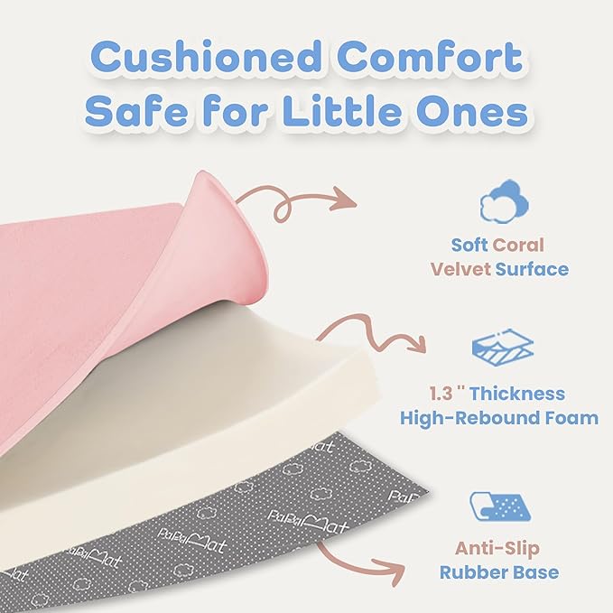 PAPAMAT 1.3" Thick Baby Floor Play Mat 50x50, Basic Padded Foam Mat for Tummy Time Crawling, Non Slip Cushioned for Babies Toddlers Infants Kids (Pink)