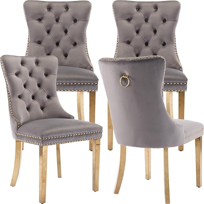 YeahFurn Mid Century Modern Dining Chairs Set of 4, Grey Velvet Upholstered Tufted Back, Kitchen & Dining Room Chairs, Gold Metal Legs, Nailhead Trim, Sillas para Comedor (Gray, 4 Pcs)
