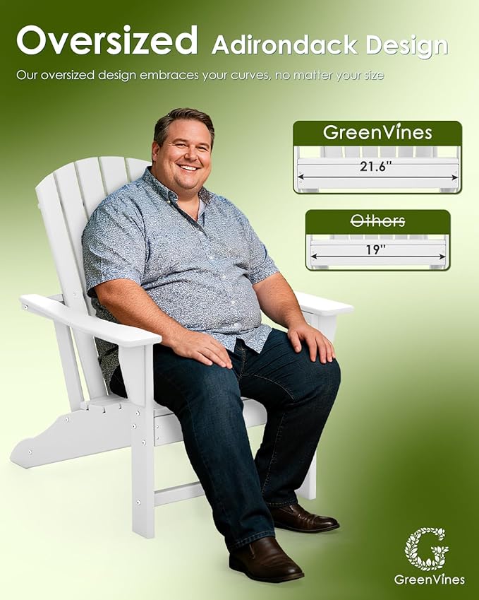 GREENVINES Adirondack Chairs Set of 4 | HDPE Plastic | Oversized Fire Pit Chair | All Weather | White | Poly Lumber | for Outdoor Deck Backyard Patio Garden