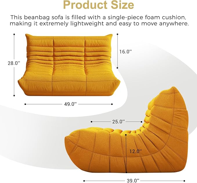Selyteramy Bean Bag Chairs for Adults, Giant Bean Bag Chair Sofa with Memory Foam, Comfy Beanbag Loveseat Lazy Sofa for Living Room, Bedroom, Apartment, Yellow