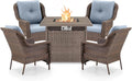 ACTREST Outdoor Patio Chairs with Fire Pit Table 5 Piece Set - High Back Brown Wicker Rattan Lawn Chair with Thick Cushion for Porch Apartment Deck Yard Poolside Garden - Baby Blue