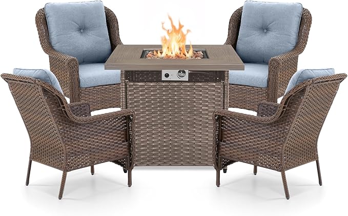 ACTREST Outdoor Patio Chairs with Fire Pit Table 5 Piece Set - High Back Brown Wicker Rattan Lawn Chair with Thick Cushion for Porch Apartment Deck Yard Poolside Garden - Baby Blue