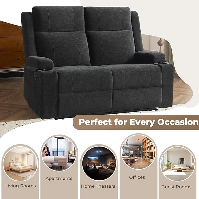 PALLOME Manual Reclining Loveseat Sofa, 2-Seater Recliner Couch with Cup Holders, Fabric Reclining Sofa for Living Room/RV (Black)