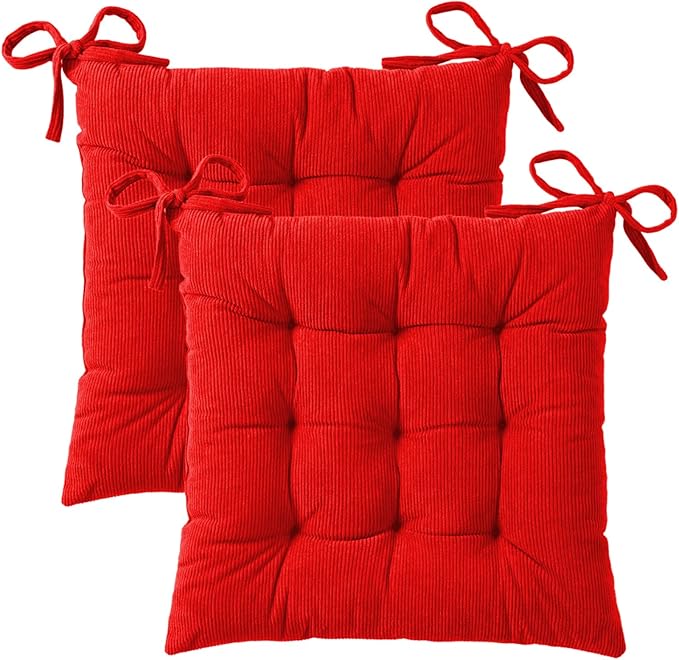 HLOVME Corduroy Chair Cushion with Ties Ultra Soft Warm Floor Cushion for Kids Reading Nook Comfortable Square Seat Cushion for Adult 15.7”x15.7” Set of 2, Bright red