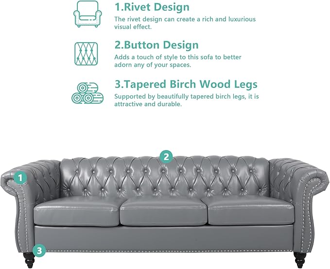 QHITTY Accent Large Sofa, Chesterfield Couch 3 Seater Modern Leather Couch Upholstered Sofa with Tufted Back for Living Room Furniture (Grey)