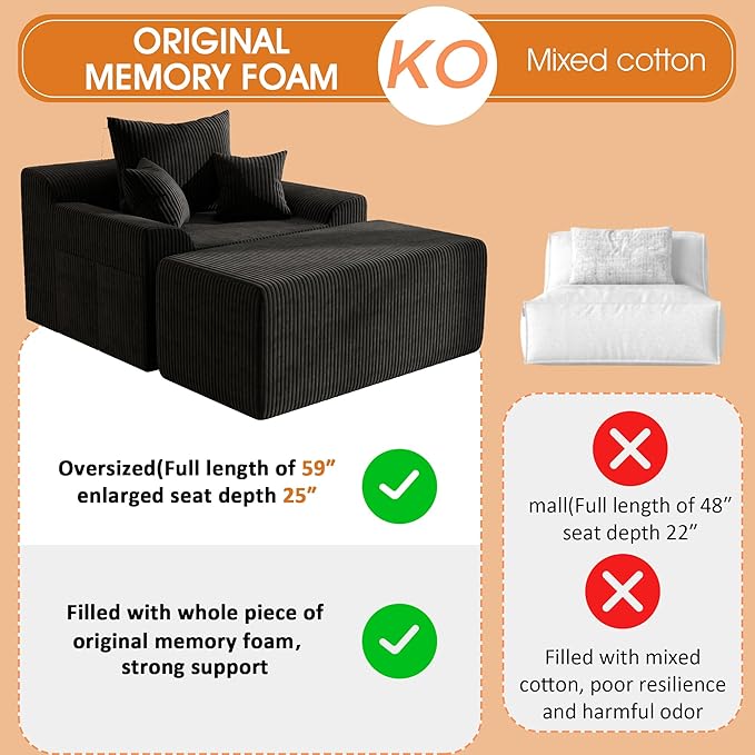 LSSBOUGHT 60'' Chaise Lounge Chair Indoor, Oversized Upholstered Sofa Bed, Sleeper Couch Reading Chairs Plush Corduroy Fabric Sofas Couches for Living Room (Black)