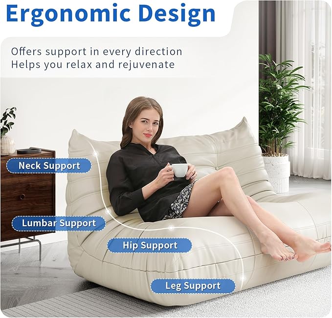 Foam Bean Bag Chairs for Adults,Big Faux Leather Bean Bag Lounger Couches, Modern Sofa,Floor Lazy Sponge Couch for Living Room Bedroom Dorm Office,Cream White