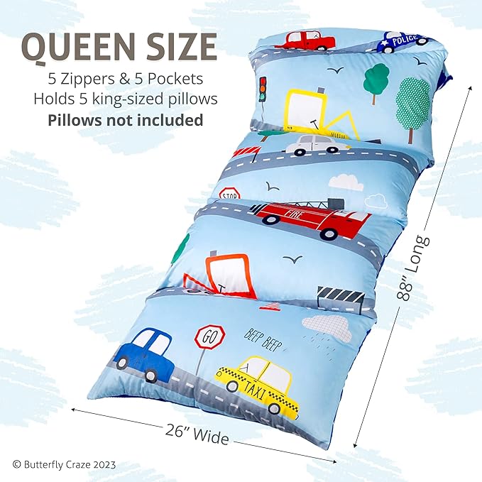 Butterfly Craze Floor Pillow Case - Versatile Lounge Seat & Floor Bed - Custom Support for Sleeping Pad & Guest Bed - Machine Washable Cover & Ground Cushions - Queen Size, Cars Blue