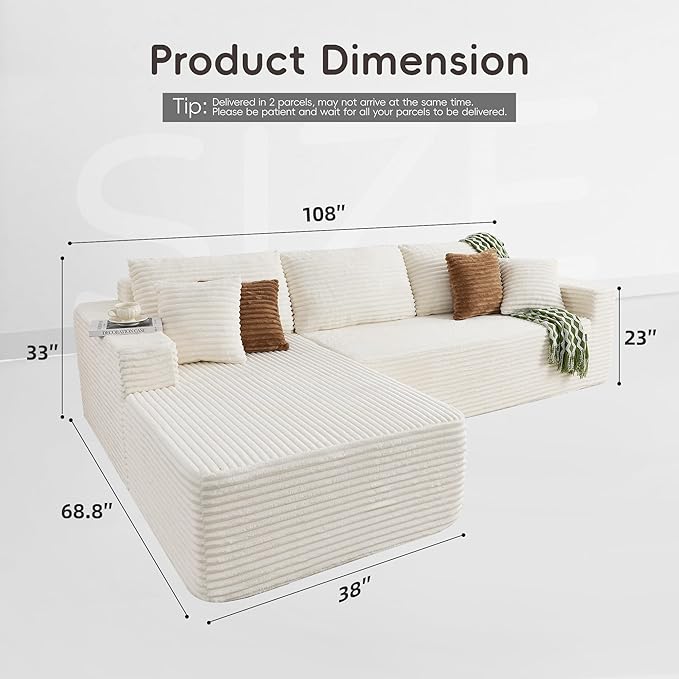 Opiesit 108" Boneless Couches for Living Room, Modular Sectional Sofa with Oversized Chaise, L-Shape Cloud Couch with Deep Seat, High-Density Memory Foam, No Assembly Required, Plush Corduroy Beige